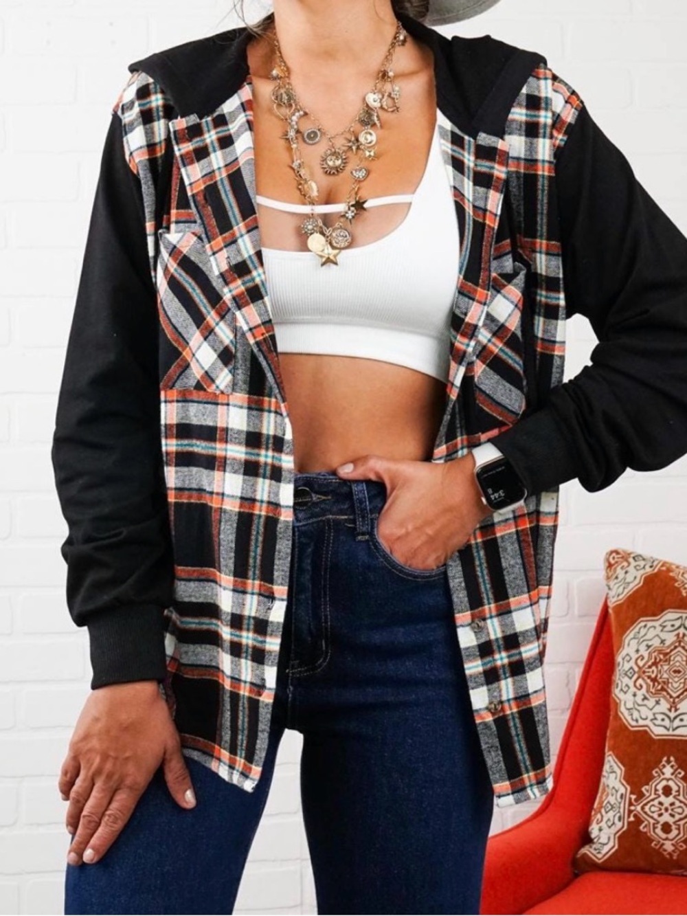 Ambiance | NIP Hooded Plaid Flannel Oversized Boyfriend Style Shacket Shirt S - Picture 5 of 5